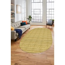 Evdeya Kilim Desenli Sade Motifli Kaymaz Taban Yıkanabilir Oval Yolluk Salon Halısı, O-Sade-30-Sarı,