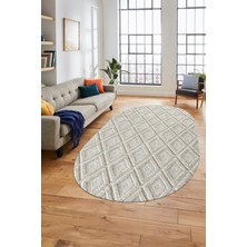 Evdeya Sade Baklava Desen Motifli Kaymaz Taban Yıkanabilir Oval Yolluk Salon Halısı, O-Sade-28-Krem,