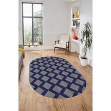 Evdeya Dijital Baskı Kaymaz Yıkanabilir Sade Motifli Oval Yolluk Mutfak Salon Halısı, O-Sade-40-Mavi,