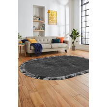 Evdeya Düz Renk Sade Desen Çerçeveli Kaymaz Taban Yıkanabilir Oval Yolluk Salon Halısı, O-Sade-36-Antrasit,
