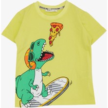 Breeze Erkek Çocuk Tişört Pizza Yiyen Mutlu Dinozor Baskılı 2-6 Yaş, Sarı