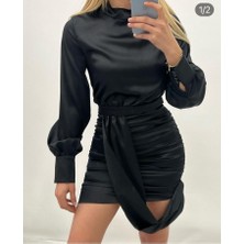 Kiki Newcollettin Saten Kollu Mini Dökümlü Elbise - Siyah