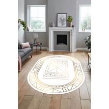 Evdeya Dijital Ince Kaymaz Yıkanabilir Iskandinav Oval Mutfak Yolluk Salon Halısı, O-Iskandinav-09-Gold,