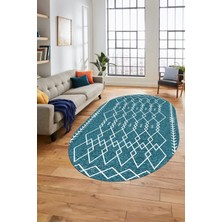 Evdeya Iskandinav  Tasarım  Kaymaz Yıkanabilir Oval Yolluk Mutfak Salon Halısı, O-Iskandinav-17-Turkuaz,