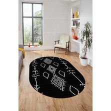 Evdeya Dijital Kaymaz Yıkanabilir Şık Iskandinav Oval Mutfak Yolluk Salon Halısı, O-Iskandinav-26-Antrasit,