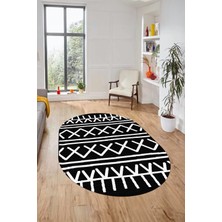 Evdeya Dijital Kaymaz Yıkanabilir Iskandinav Desen Oval Mutfak Yolluk Salon Halısı, O-Iskandinav-28-Siyah,