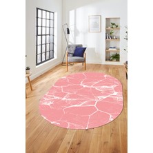 Evdeya Baskılı Kaymaz Yıkanabilir Mermer Desen Oval Mutfak Yolluk Salon Halısı, O-Mermer-01-Pembe,