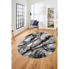 Evdeya Baskılı Kaymaz Yıkanabilir Mermer Desenli Oval Mutfak Yolluk Salon Halısı, O-Mermer-02-Siyah,