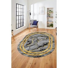 Evdeya Baskılı Kaymaz Yıkanabilir Çerçeve Mermer Desen Oval Mutfak Yolluk Salon Halısı, O-Mermer-04-Gold,