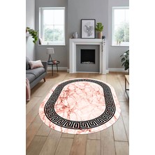 Evdeya Çerçeveli Mermer Desenli Dijital Kaymaz Yıkanabilir Oval Koridor Salon Halısı, O-Mermer-12-Pembe,