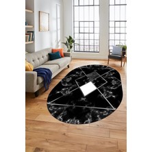 Evdeya Mermer Desenli Dijital Kaymaz Yıkanabilir Oval Yolluk Koridor Salon Halısı, O-Mermer-20-Siyah,