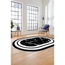 Evdeya Baskılı Kaymaz Yıkanabilir Şık Mermer Desenli Oval Mutfak Yolluk Salon Halısı, O-Mermer-06-Siyah,