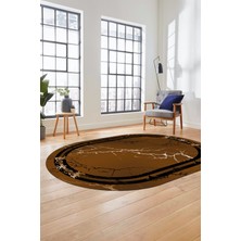 Evdeya Baskılı Kaymaz Yıkanabilir Mermer Desen Modern Oval Mutfak Yolluk Salon Halısı, O-Mermer-08-Kahve,