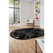 Evdeya Modern Tasarım Mermer Dijital Kaymaz Yıkanabilir Oval Koridor Salon Halısı, O-Mermer-30-Antrasit,