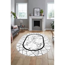 Evdeya Mermer Desenli Dijital Kaymaz Yıkanabilir Oval Mutfak Koridor Salon Halısı, O-Mermer-11-Siyah,