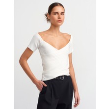 Dilvin 10528 Bardot Yaka Fitilli Triko Top-Ekru
