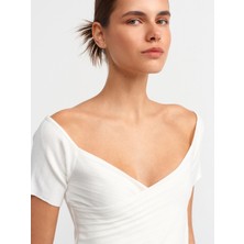 Dilvin 10528 Bardot Yaka Fitilli Triko Top-Ekru