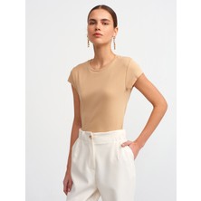 Dilvin 30719 Bisiklet Yaka T-Shirt-Bej