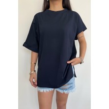 Misigo Kolu Katlamalı Oversize Bisiklet Yaka T-Shirt Lacivert