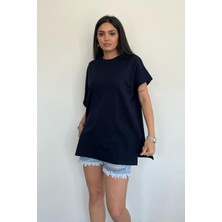 Misigo Kolu Katlamalı Oversize Bisiklet Yaka T-Shirt Lacivert