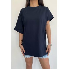 Misigo Kolu Katlamalı Oversize Bisiklet Yaka T-Shirt Lacivert