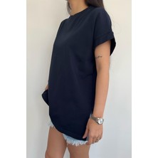 Misigo Kolu Katlamalı Oversize Bisiklet Yaka T-Shirt Lacivert