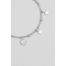 So CHIC Ay ve Yıldız 18 Ayar Beyaz Altın Kaplama 19 Cm Gümüş Minimal Bileklik