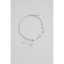 So CHIC Kelebek Etkisi 18 Ayar Beyaz Altın Kaplama 21 Cm Gümüş İnci Bileklik