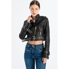 Lebeni Crop Deri Ceket - Kısa Deri Ceket Hakiki Deri Biker Ceket Çapraz Fermuar Kuşgözü Yaka