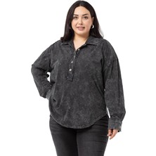 Disentis Modest Büyük Beden Yarım Patlı Düğmeli Pis Dikişli Parça Boyalı Siyah Gömlek