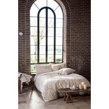 Ecocotton Libera Battal Boy Nevresim Takımı %100 Organik Pamuk Keten Süzene Nakışlı Krem-Bej 240X220 cm