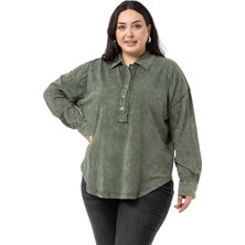 Disentis Modest Büyük Beden Yarım Patlı Düğmeli Pis Dikişli Parça Boyalı Haki Gömlek