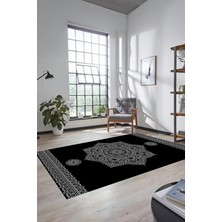 Evdeya Şık Göbekli Klasik Motifli Dijital Kaymaz Yıkanabilir Yolluk Mutfak Salon Halısı, Klasik-30-Siyah,