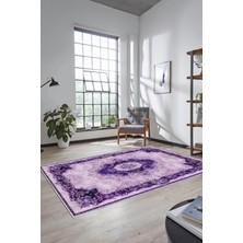 Evdeya Çiçekli Klasik Motifli Dijital Kaymaz Yıkanabilir Yolluk Mutfak Salon Halısı, Klasik-29-Mor,