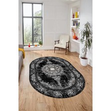 Evdeya Göbekli Klasik Desen Dijital Kaymaz Yıkanabilir Oval Yolluk Salon Halısı, O-Klasik-25-Siyah,