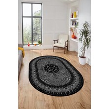 Evdeya Renkli Klasik Desen Dijital Kaymaz Yıkanabilir Oval Yolluk Salon Halısı, O-Klasik-26-Siyah,