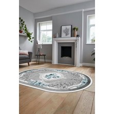 Evdeya Çiçekli Klasik Dijital Kaymaz Taban Yıkanabilir Oval Yolluk Salon Halısı, O-Klasik-16-Mavi,