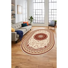 Evdeya Göbekli Klasik Dijital Kaymaz Taban Yıkanabilir Oval Yolluk Salon Halısı, O-Klasik-18-Bordo,
