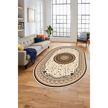 Evdeya Göbekli Klasik Dijital Kaymaz Taban Yıkanabilir Oval Yolluk Salon Halısı, O-Klasik-18-Kahve,