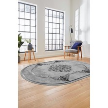 Evdeya Baskılı Kaymaz Yıkanabilir Çerçeveli Klasik Yolluk Oval Mutfak Salon Halısı, O-Klasik-05-Gri,