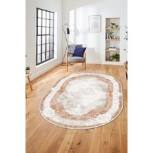 Evdeya Baskılı Kaymaz Yıkanabilir Çerçeveli Klasik Desen Oval Mutfak Salon Halısı, O-Klasik-01-Kahve,