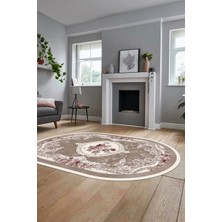 Evdeya Çiçekli Klasik Dijital Kaymaz Taban Yıkanabilir Oval Yolluk Salon Halısı, O-Klasik-16-Kahve,