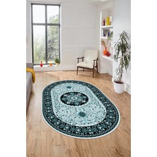 Evdeya Renkli Klasik Motifli Dijital Kaymaz Yıkanabilir Oval Yolluk Salon Halısı, O-Klasik-27-Mavi,