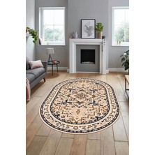 Evdeya Baskılı Kaymaz Yıkanabilir Klasik Desen Oval Yolluk Mutfak Salon Halısı, O-Klasik-10-Antrasit,