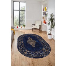 Evdeya Göbekli Klasik Motifli Dijital Kaymaz Yıkanabilir Oval Yolluk Salon Halısı, O-Klasik-28-Mavi,