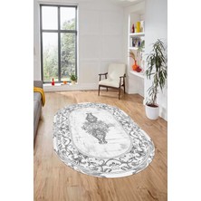 Evdeya Göbekli Klasik Motifli Dijital Kaymaz Yıkanabilir Oval Yolluk Salon Halısı, O-Klasik-28-Beyaz,
