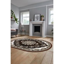 Evdeya Klasik Desen Dijital Kaymaz Taban Yıkanabilir Oval Yolluk Mutfak Salon Halısı, O-Klasik-13-Kahve,