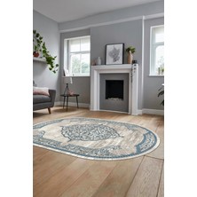 Evdeya Zarif Klasik Dijital Kaymaz Taban Yıkanabilir Oval Yolluk Mutfak Salon Halısı, O-Klasik-15-Mavi,