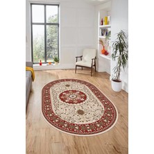 Evdeya Renkli Klasik Motifli Dijital Kaymaz Yıkanabilir Oval Yolluk Salon Halısı, O-Klasik-27-Bordo,