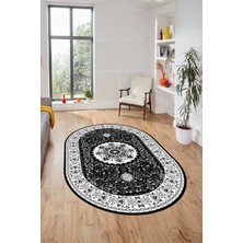 Evdeya Renkli Klasik Motifli Dijital Kaymaz Yıkanabilir Oval Yolluk Salon Halısı, O-Klasik-27-Antrasit,